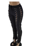 Black Street Solid Hollowed Out Patchwork Draw String Cross Straps Skinny Mid Waist Pencil Solid Color Bottoms