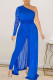 Blue Casual Solid Patchwork Mesh One Shoulder Regular Jumpsuits