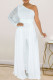White Casual Solid Patchwork Mesh One Shoulder Regular Jumpsuits