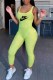 Fluorescent Green Casual Print Letter U Neck Jumpsuits