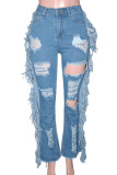 Blue Casual Solid Ripped Patchwork Pocket Buttons Zipper High Waist Straight Denim Jeans