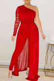 Red Casual Solid Patchwork Mesh One Shoulder Regular Jumpsuits