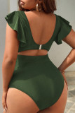 Green Sportswear Solid Bandage Patchwork Stringy Selvedge V Neck Plus Size Swimwear(With Paddings)