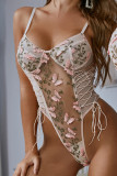 Pink Sexy Embroidery Patchwork See-through Cross Straps Lingerie