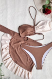 Coffee Sportswear Color Block Patchwork Draw String Frenulum Flounce 3 Piece Sets(With Paddings)