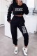 Black Casual Print Letter Hooded Collar Long Sleeve Two Pieces