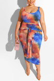 Red and blue Sexy Slip Print Belt Tie Dye Plus Size