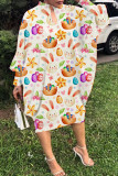 Tangerine Red Casual Print Hollowed Out Patchwork O Neck Long Sleeve Dresses