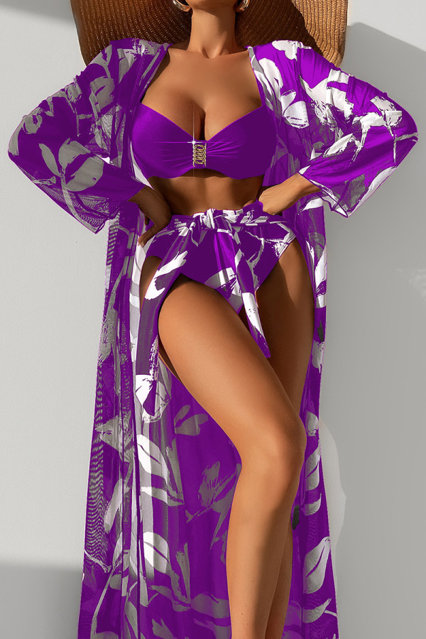 Purple Sportswear Print Patchwork 3 Piece Sets(With Paddings)