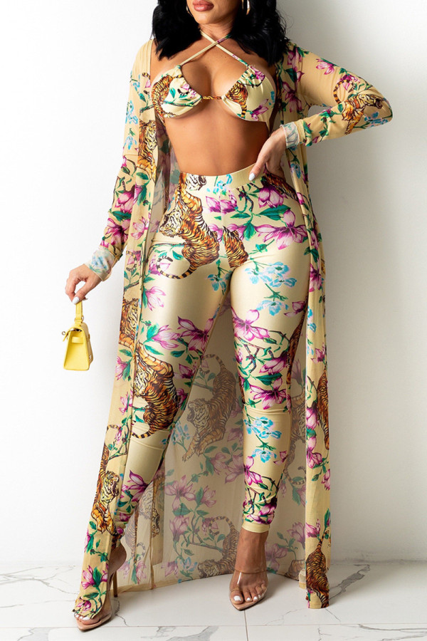 Yellow Fashion Sexy Print Cardigan Swimwears Three-piece Set