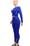 Blue Casual Solid Patchwork O Neck Long Sleeve Regular Sleeve Short Two Pieces