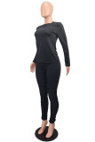 Black Casual Solid Patchwork O Neck Long Sleeve Regular Sleeve Short Two Pieces
