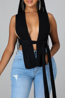 Black Sexy Solid Bandage Patchwork Asymmetrical Collar Tops
