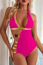 Rose Red Sportswear Color Block Patchwork Swimwears(With Paddings)