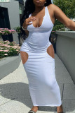 White Sexy Casual Solid Hollowed Out U Neck Vest Dress