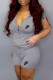 Grey Casual Print Letter Hooded Collar Short Sleeve Two Pieces