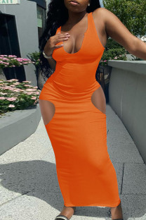 Orange Sexy Casual Solid Hollowed Out U Neck Vest Dress