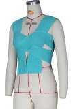 Color Blue Sexy Solid Bandage Patchwork Asymmetrical Collar Tops