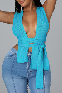 Color Blue Sexy Solid Bandage Patchwork Asymmetrical Collar Tops