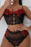 Black Sexy Floral Lace Embroidered Patchwork See-through Lingerie