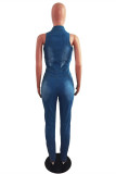 Baby Blue Sexy Casual Solid Ripped Hollowed Out Turndown Collar Skinny Jumpsuits