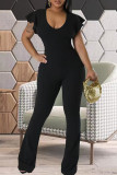 Black Street Solid Patchwork Zipper U Neck Regular Jumpsuits
