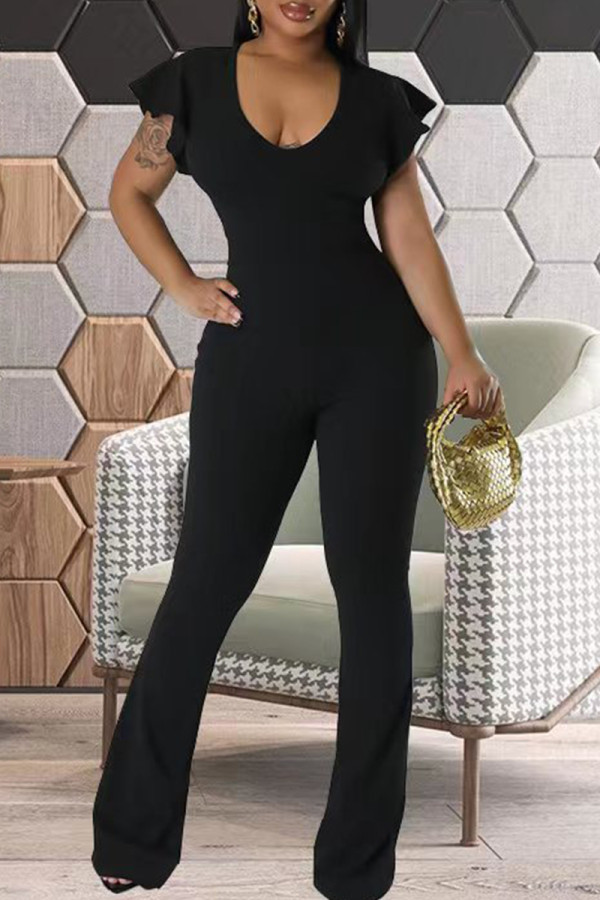 Black Street Solid Patchwork Zipper U Neck Regular Jumpsuits