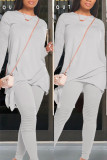 Grey Fashion Casual adult Ma'am Patchwork Solid Two Piece Suits pencil Long Sleeve Two Pieces