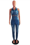 Baby Blue Sexy Casual Solid Ripped Hollowed Out Turndown Collar Skinny Jumpsuits