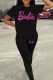 Black Casual Print Letter O Neck Short Sleeve Two Pieces