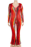 Red Casual Street Print Patchwork Zipper V Neck Plus Size Jumpsuits