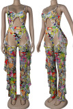 White Sexy Print Hollowed Out Patchwork Swimwears