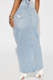 Blue Street Solid Ripped Patchwork Pocket Buttons Zipper Straight High Waist Straight Solid Color Bottoms