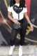 Black Casual Print Patchwork O Neck Short Sleeve Two Pieces