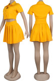 Yellow Elegant Solid Patchwork Pocket Buckle Pleated Turndown Collar Short Sleeve Two Pieces