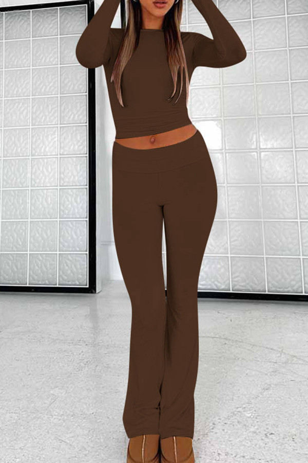 Brown Sexy Casual Solid Patchwork O Neck Long Sleeve Two Pieces