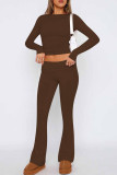 Brown Sexy Casual Solid Patchwork O Neck Long Sleeve Two Pieces