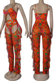 Orange Red Sexy Print Hollowed Out Patchwork Swimwears