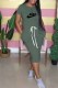 Green Casual Print Letter O Neck One Step Skirt Dresses