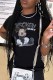 Black Casual Character Print Letter O Neck T-Shirts
