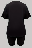 Black Casual Hot Drilling Patchwork O Neck Short Sleeve Two Pieces