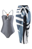 Gray Blue Sportswear Print Bandage Patchwork Swimwears