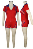 Red Sexy Color Block Patchwork See-through Contrast Zipper Turndown Collar Skinny Rompers