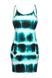 Green Sexy Casual Tie Dye Patchwork Backless Spaghetti Strap Sling Dress Plus Size Dresses