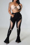 Black Sexy Street Solid Ripped Patchwork Pocket Cross Straps Plus Size