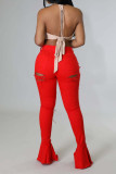 Red Sexy Street Solid Ripped Patchwork Pocket Cross Straps Plus Size