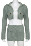 Green Sexy Solid Patchwork Pocket Buttons Cardigan Collar Long Sleeve Two Pieces