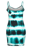 Blue Sexy Casual Tie Dye Patchwork Backless Spaghetti Strap Sling Dress Plus Size Dresses