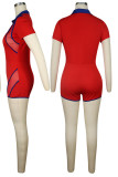 Red Sexy Color Block Patchwork See-through Contrast Zipper Turndown Collar Skinny Rompers