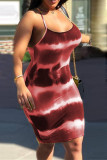 Brown Sexy Casual Tie Dye Patchwork Backless Spaghetti Strap Sling Dress Plus Size Dresses